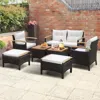 Hivvago 7 Piece Rattan Patio Sofa Set With Acacia Wood Tabletop And Armrests