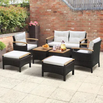 Hivvago 7 Piece Rattan Patio Sofa Set With Acacia Wood Tabletop And Armrests In Burgundy