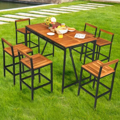 Hivvago 7 Pieces Acacia Wood Patio Rattan Bar Set With Umbrella Hole In Multi