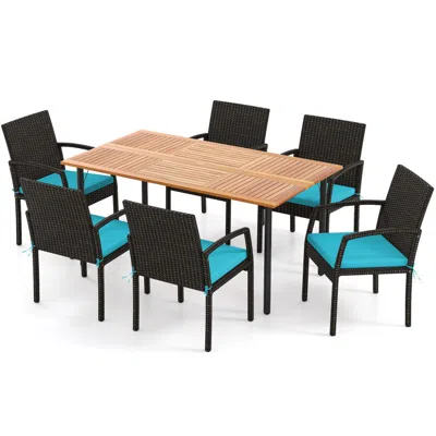 Hivvago 7 Pieces Outdoor Dining Set Acacia Wood Table With Umbrella Hole And Cushions In Multi