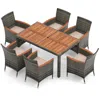 Hivvago 7 Pieces Patio Acacia Wood Cushioned Pe Rattan Wicker Dining Set