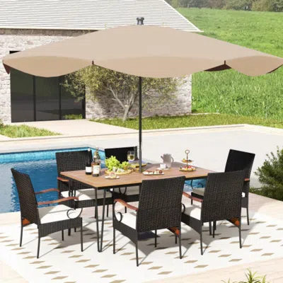 Hivvago 7 Pieces Patio Dining Set With Rattan Armchairs Soft Cushions 2" Umbrella Hole In Brown