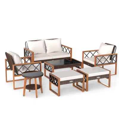 Hivvago 7 Pieces Patio Furniture Set Pe Wicker Acacia Wood Outdoor Conversation Set In Multi