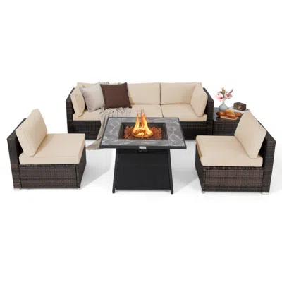 Hivvago 7 Pieces Patio Furniture Set With 35 Inches 50000 Btu Propane Gas Fire Pit Table And Waterproof Cove In Brown