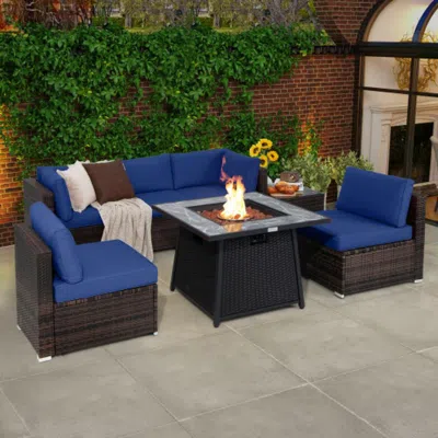 Hivvago 7 Pieces Patio Furniture Set With 35 Inches 50000 Btu Propane Gas Fire Pit Table And Waterproof Cove In Blue