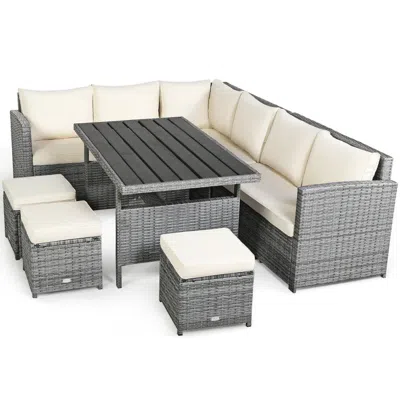 Hivvago 7 Pieces Patio Rattan Dining Furniture Sectional Sofa Set With Wicker Ottoman In Gray