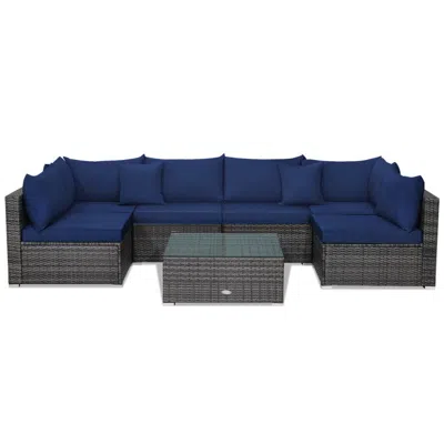 Hivvago 7 Pieces Patio Rattan Furniture Set With Sectional Sofa Cushioned In Blue