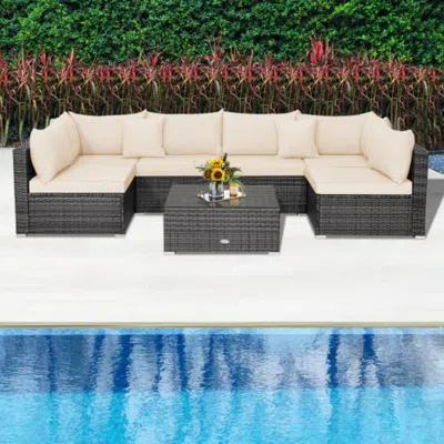 Hivvago 7 Pieces Patio Rattan Furniture Set With Sectional Sofa Cushioned-beige