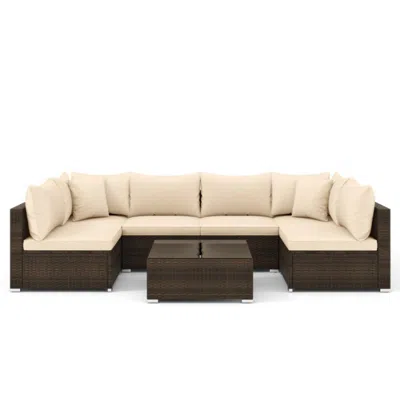 Hivvago 7 Pieces Patio Rattan Furniture Set With Sectional Sofa Cushions-beige In Pink