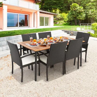 Hivvago 7 Pieces Patio Wicker Cushioned Dining Set With Umbrella Hole In Blue