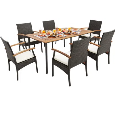 Hivvago 7 Pieces Patio Wicker Cushioned Dining Set With Wood Armrest And Umbrella Hole