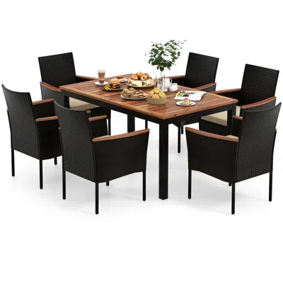 Hivvago 7 Pieces Rattan Patio Dining Set With Stackable Chairs And Umbrella Hole In Black