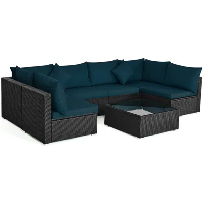 Hivvago 7 Pieces Sectional Wicker Furniture Sofa Set With Tempered Glass Top Coffee Table In Green