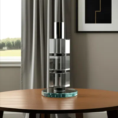 Hivvago 7" Silver Clear And Black Block And Cylinder Crystal Tabletop Taper Candlestick In Multi