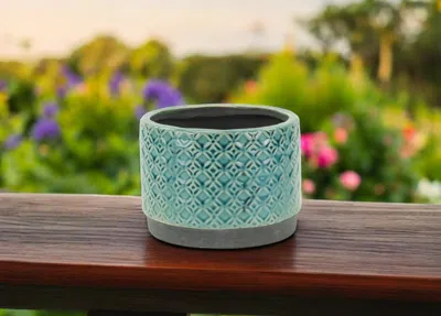 Hivvago 7" Turquoise Geometric Ceramic Indoor Outdoor Round Pot Planter In Green