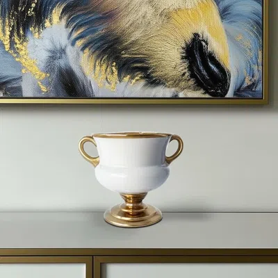 Hivvago 7" White And Gold Amphora Ceramic Urn