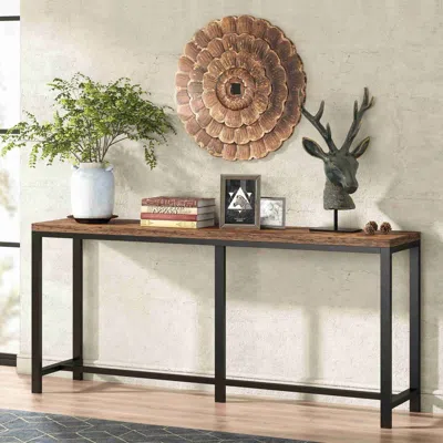 Hivvago 70-inch Long Narrow Hallway Sofa Table With Wood Top And Black Metal Frame In Brown