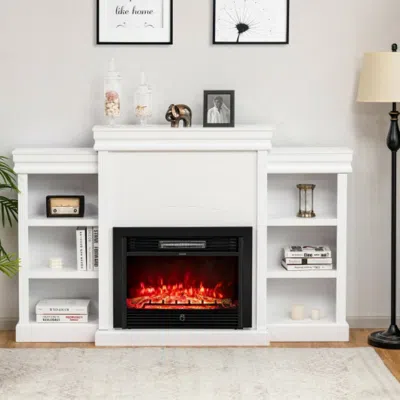 Hivvago 70 Inch Modern Fireplace Media Entertainment Center With Bookcase-white