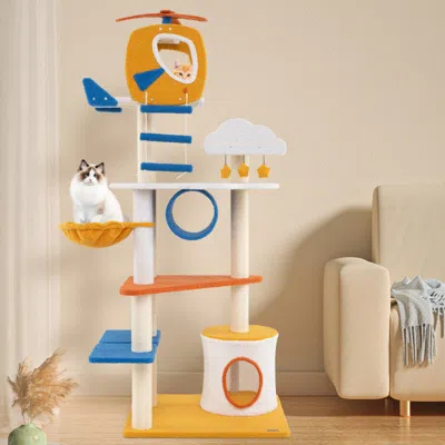 Hivvago 70 Inch Tall Aviation-themed Cat Tree With Helicopter Top Perch And Platforms In Multi