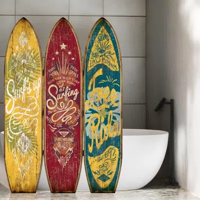 Hivvago 71" Blue Red And Yellow Solid Wood Folding Three Panel Screen Room Divider In Multi