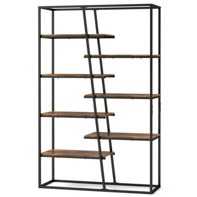 Hivvago 71-inch 7-tier Industrial Etagere Bookcase With Heavy-duty Metal Frame-rustic Brown In Black