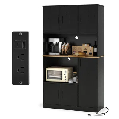 Hivvago 71" Tall Kitchen Pantry Cabinet With Charging Station Wooden Buffet Cupboard Sideboard In Black