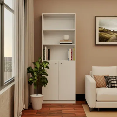 Hivvago 71" White Wood Three Tier Bookcase With Two Doors In Neutral