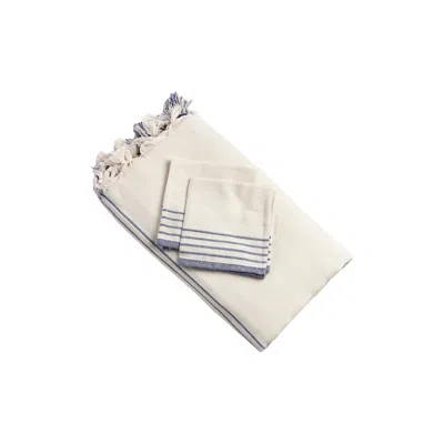 Hivvago 71" X 95" Cream And Blue Striped Cotton Tablecloth And Napkins Set In Neutral