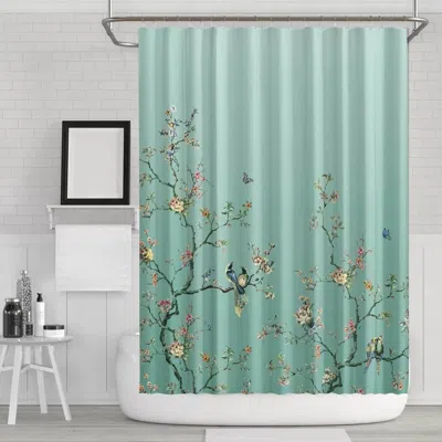 Hivvago 72-in. Teal Blue Green Floral Tree Bird Butterfly Japanese Style Shower Curtain