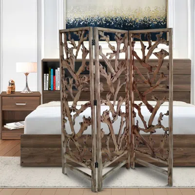Hivvago 72 Inch 3 Panel Screen Divider, Rustic, Mulberry Branch Design, Brown