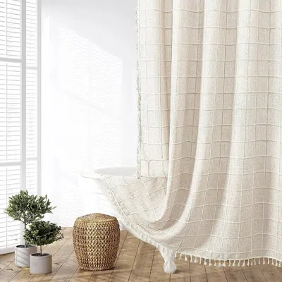 Hivvago 72-inch Farmhouse Beige Cotton Linen Blend Shower Curtain With Boho Tassels