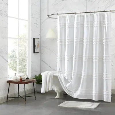 Hivvago 72-inch White Cotton Chenille Stripe Shower Curtain - Machine Washable
