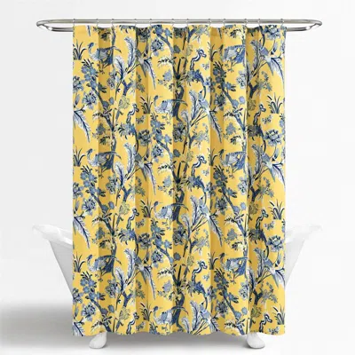 Hivvago 72-inch Yellow Navy Blue White Exotic Birds Floral Polyester Shower Curtain