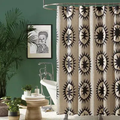 Hivvago 72 X 72 In. Cotton Poly Shower Curtain W/ Cream Brown Sun Star Medallion Pattern