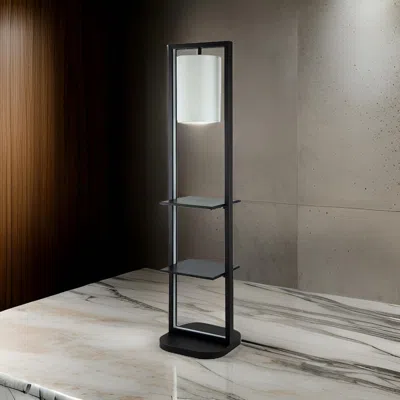 Hivvago 74 Inch Floor Lamp With 2 Shelves, Round Lampshade, Black Iron, White