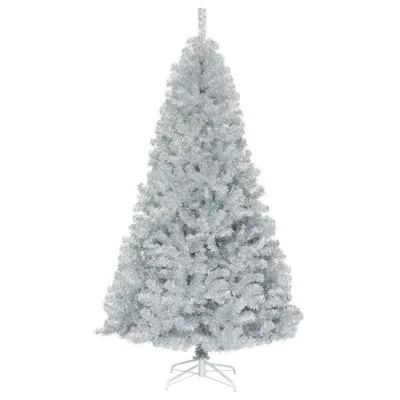 Hivvago 7.5 Feet Hinged Unlit Artificial Silver Tinsel Christmas Tree In White