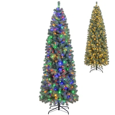 Hivvago 7.5 Feet Slim Blue Artificial Christmas Tree With 9 Light Modes - Pre-lit Led Tree For Festive Home  In Multi