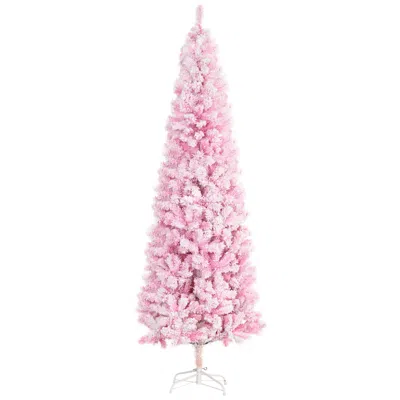 Hivvago 7.5 Ft Tall Unlit Snow Flocked Artificial Christmas Tree Slim Pencil Xmas Tree With Pine Shape And R In Pink