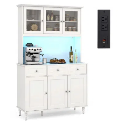 Hivvago 77 Inches Kitchen Pantry Storage Cabinet With Led Lights And Power Outlets-white