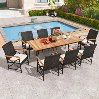 Hivvago 79 Inch Outdoor Acacia Wood Dining Table And 8 Rattan-woven Dining Chairs With Umbrella Hole