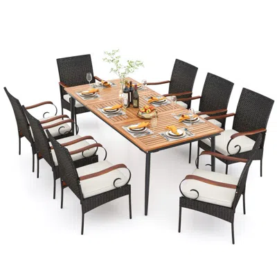 Hivvago 79 Inch Outdoor Dining Table And 8 Rattan-woven Dining Chairs With Acacia Wood Tabletop In Multi