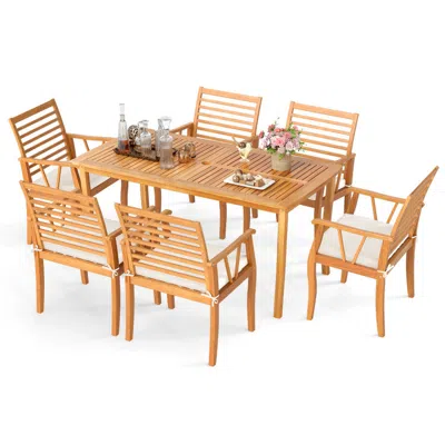 Hivvago 7â Pieces Acaciaâ Woodâ Patioâ Diningâ Set Withâ 1.97 Inch Umbrella Hole And Padded Cushions In Brown
