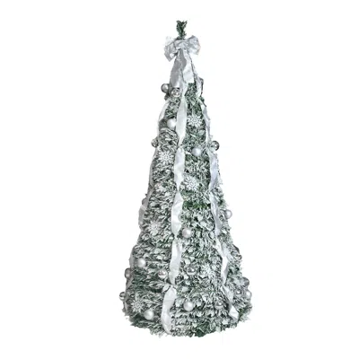 Hivvago 7ft Flocked Pop-up Christmas Tree With 200 Warm White Ul Lights Pre-decorated With Ornaments In Silver