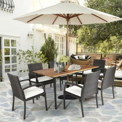 Hivvago 7pcs Patio Rattan Cushioned Dining Set With Umbrella Hole-turquoise In Multi