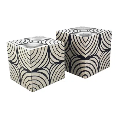 Hivvago 8, 7 Inch Storage Box Set Of 2, Wood Frame, Black And White Trellis In Neutral