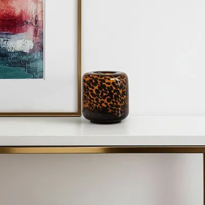 Hivvago 8" Beige Brown And Black Animal Print Round Glass Table Vase