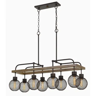 Hivvago 8 Bulb Chandelier With Wooden Frame And Metal Orb Shades, Brown And Black