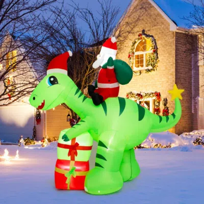 Hivvago 8 Feet Lighted Christmas Inflatable Santa Claus Dinosaur Decoration With Gift Boxes In Multi