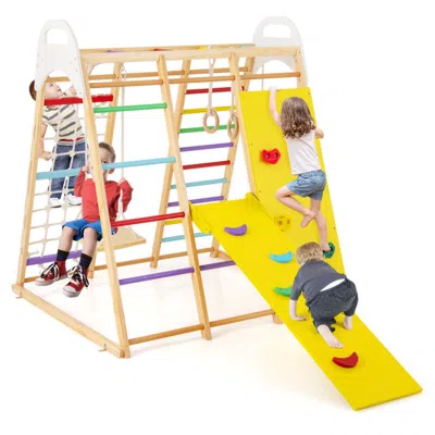 HIVVAGO 8-IN-1 WOODEN JUNGLE GYM PLAYSET WITH SLIDE AND MONKEY BARS-MULTICOLOR