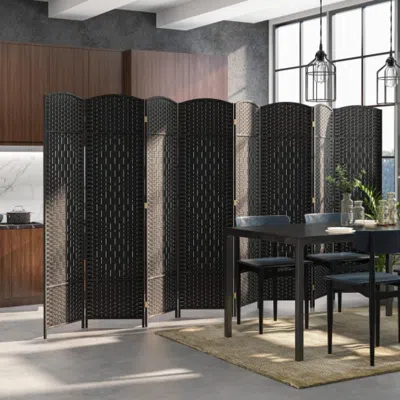 Hivvago 8-panel Folding Room Divider With Hand-woven Texture And Solid Wood Frame-black